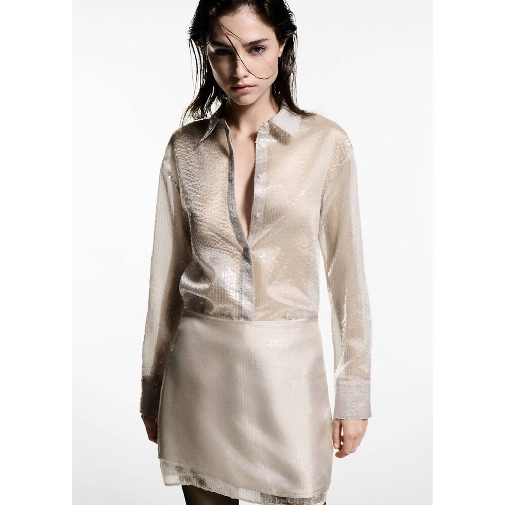 Mango Semi-Transparent Sequined Shirt Ivory size 4